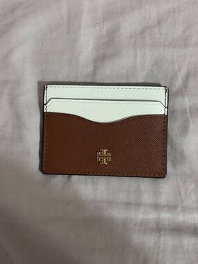 Tory Burch Brown & White Leather Slim Card Holder with Gold Logo